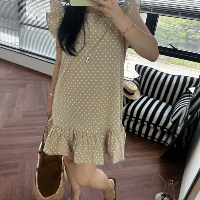 새로운 여름 도트 무늬 프릴 Feifei 소매 드레스