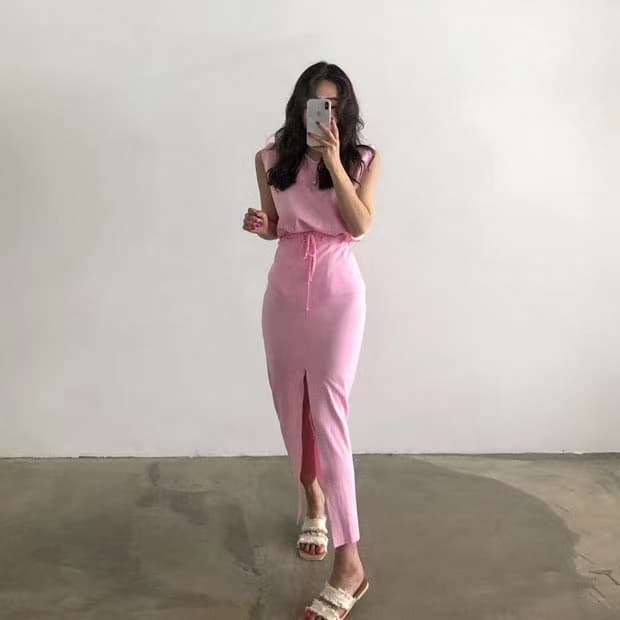 26 여름 여성 의류 단색 라운드 넥 반팔 티셔츠 펌프 로프 무릎 아래 반신 스커트 세트 2 세트 상세 이미지 2