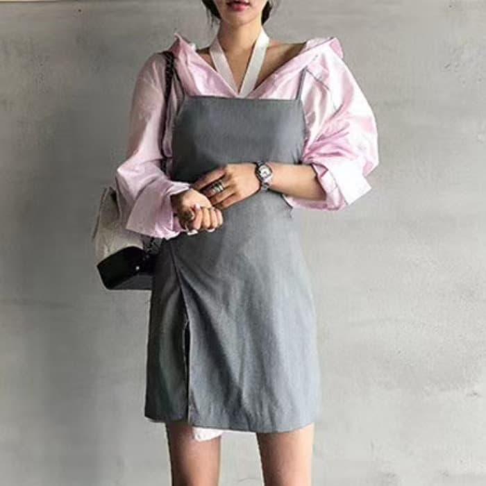정품 한국 스타일 자외선 차단 싱글 줄 버튼 셔츠 디자인 센스 슬립 드레스 이미지 3