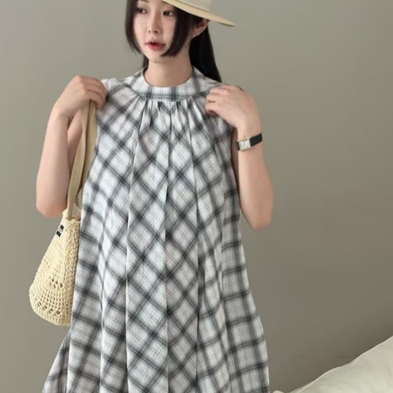 있음 선적 여름 새로운 패치워크 색상 체크무늬 고급 민소매 드레스