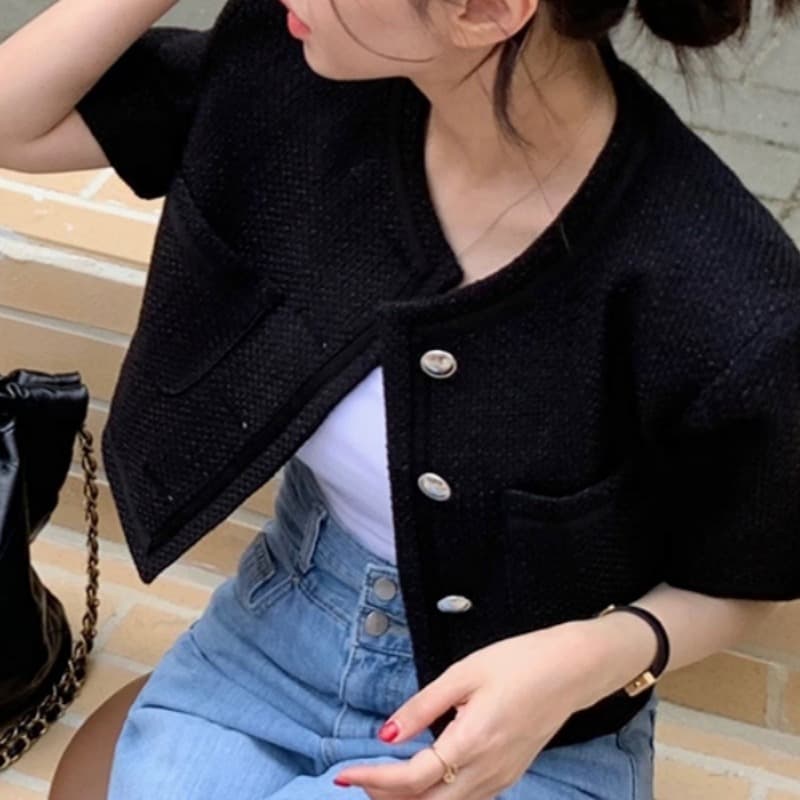 있음 선적 작은 샤넬 스타일 반팔 재킷 출퇴근 루즈핏 슬림해 보이는 쇼트 스타일 맨위 이미지 3