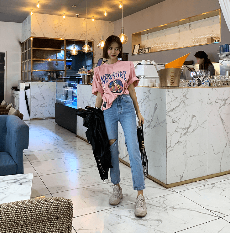 있음 선적 라운드 넥 알파벳 잘 생긴 소년 프로필 사진 프린트 막대기 표준 루즈핏 반팔 티셔츠 여성 상세 이미지 4