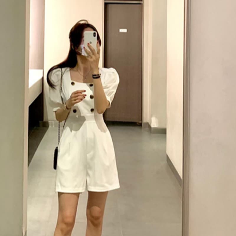 있음 선적 이중 버튼 슬림해 보이는 올인원 바지 이미지 3