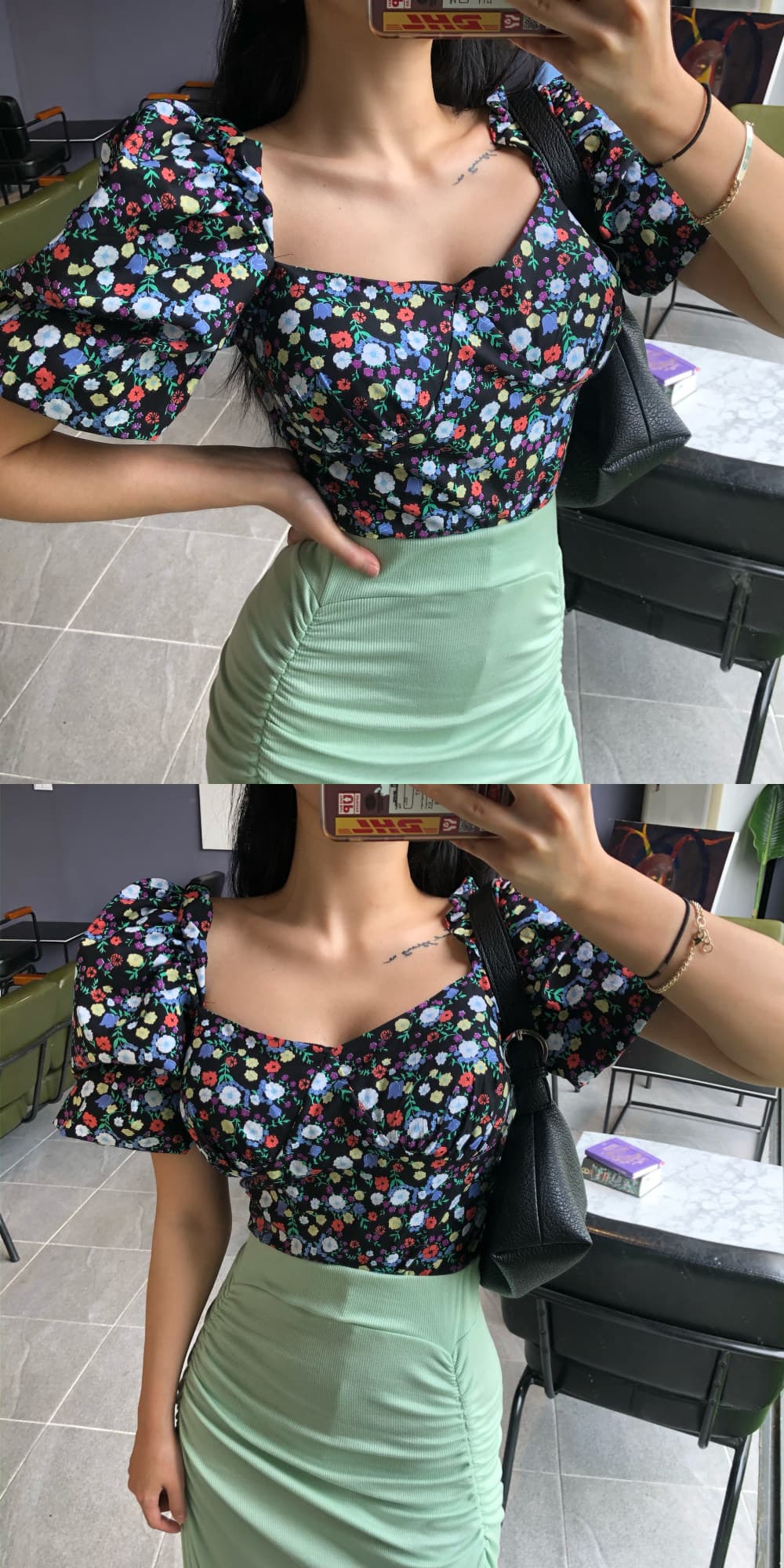있음 선적 레트로 꽃무늬 쉬폰 블라우스 여자 칼라 쇼트 스타일 셔츠 거품 소매 맨위 상세 이미지 1