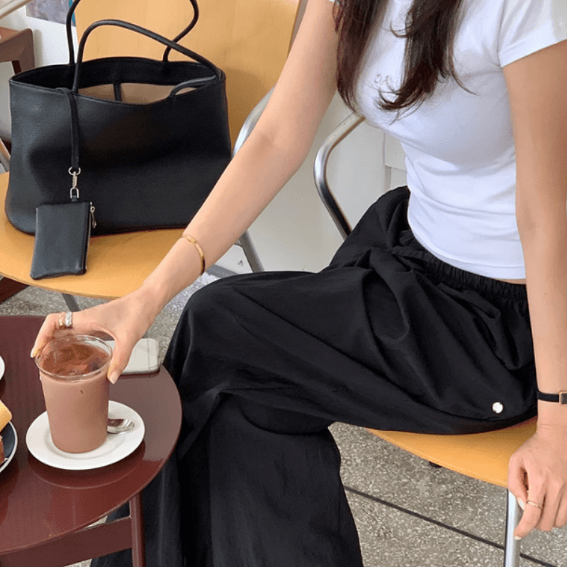 새로운 느긋한 루즈핏 펌프 로프 있음 안감 넓은 다리 길이 바지 이미지 4