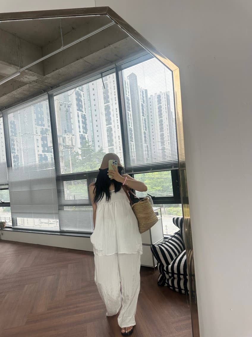 새로운 미니멀리즘 캐주얼 패션 다용도 캐미솔 맨위 루즈핏 스트레이트 긴 바지 투피스 세트 상세 이미지 34