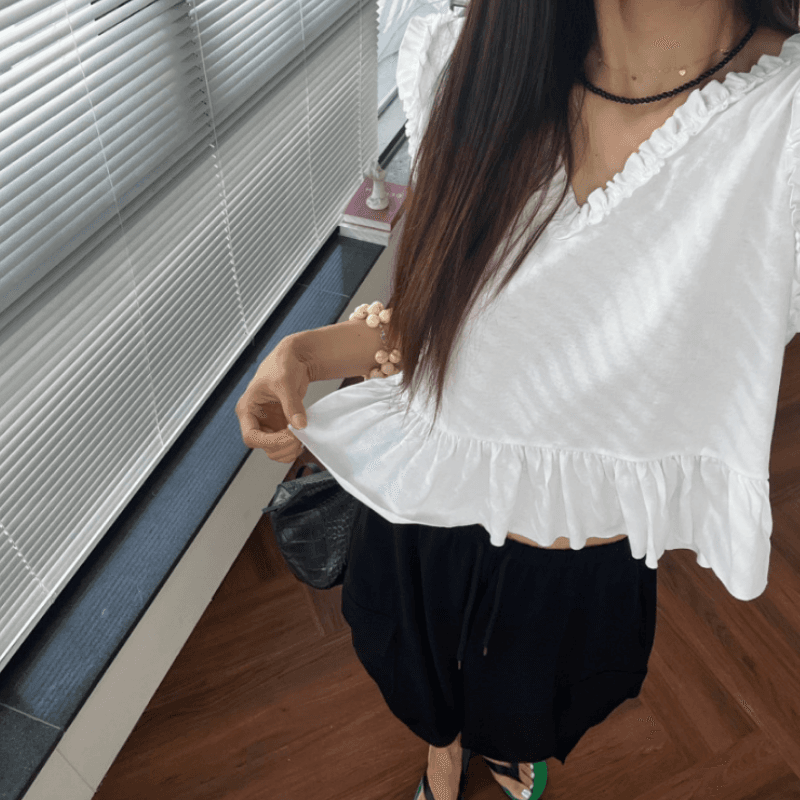 새로운 고급 단색 프릴 민소매 조끼 여성 이미지 3