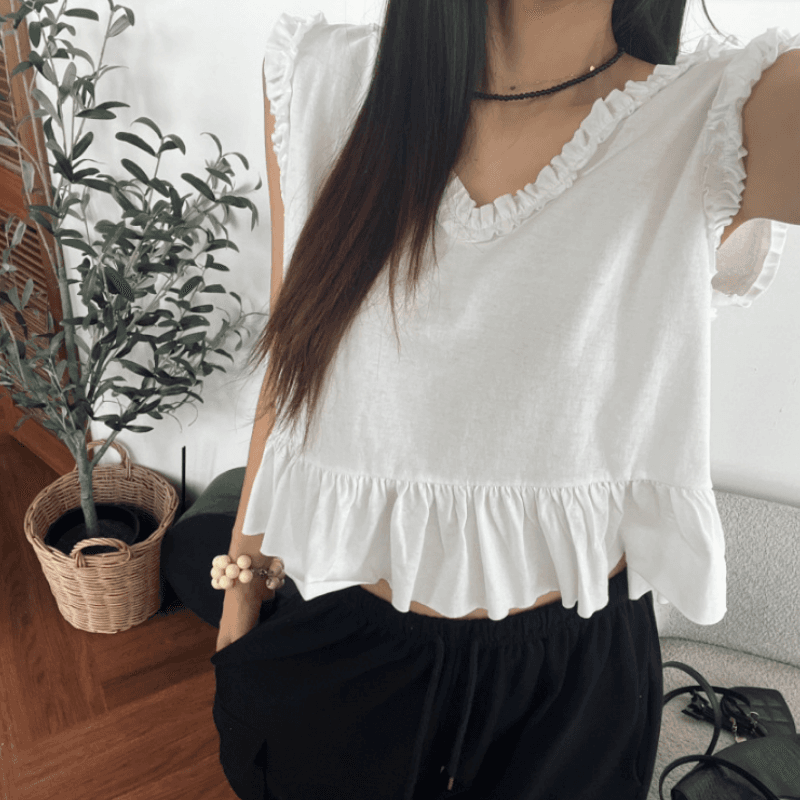 새로운 고급 단색 프릴 민소매 조끼 여성