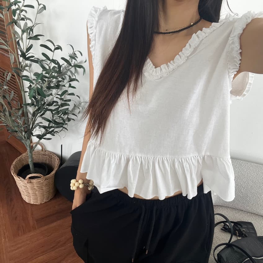 새로운 고급 단색 프릴 민소매 조끼 여성 상세 이미지 17