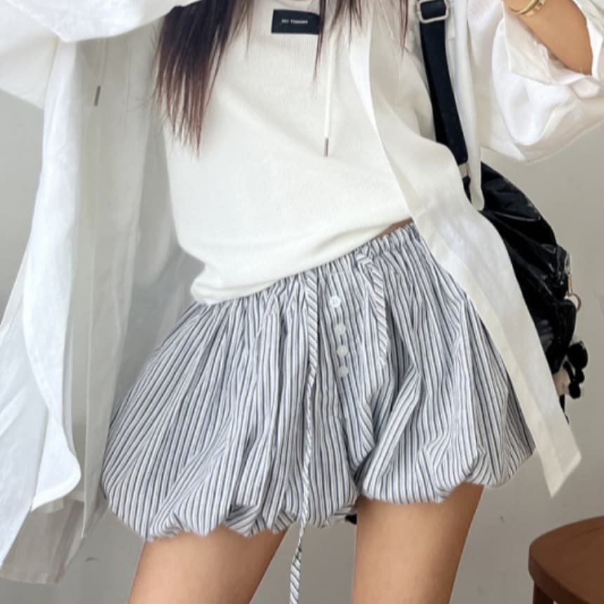 있음 선적 스트라이프 배기 바지 캐주얼 바지 여름 연령 감소 레이스업 꽃밭 반바지 이미지 2