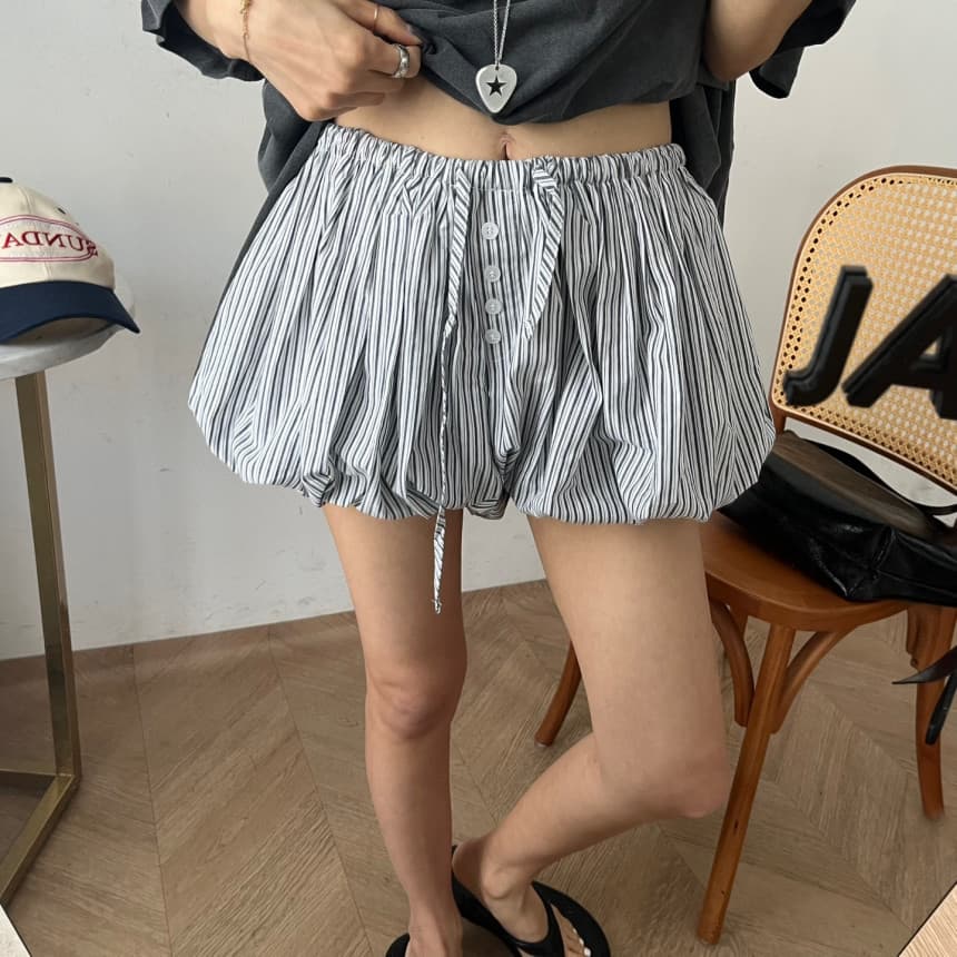 있음 선적 스트라이프 배기 바지 캐주얼 바지 여름 연령 감소 레이스업 꽃밭 반바지 상세 이미지 3
