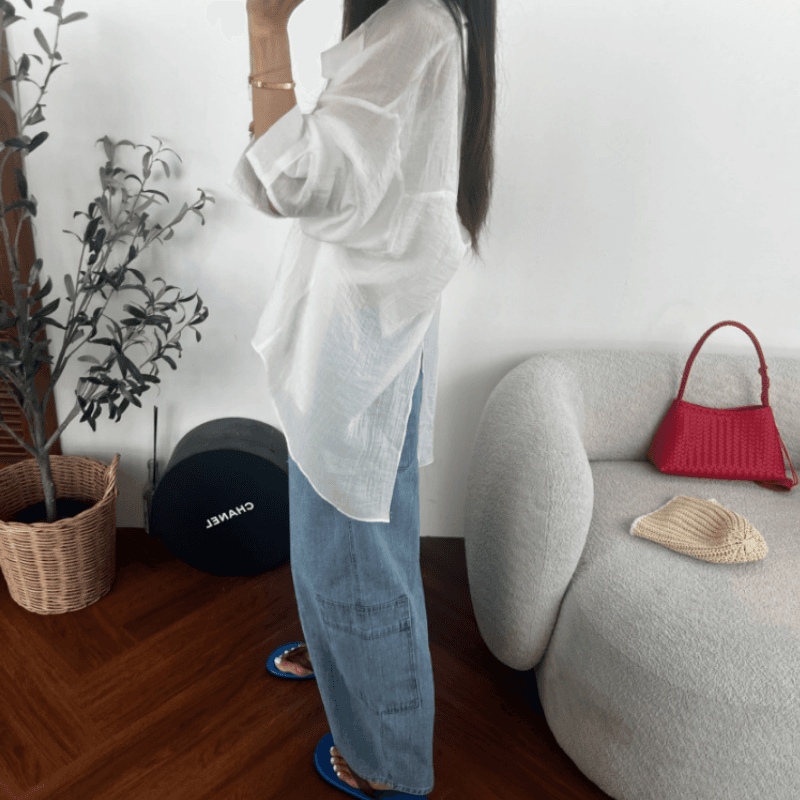 새로운 패션 다용도 뒤로 나사 매듭 얇은 스타일 자외선 차단 의류 셔츠 이미지 4