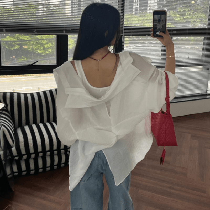 새로운 패션 다용도 뒤로 나사 매듭 얇은 스타일 자외선 차단 의류 셔츠 이미지 5