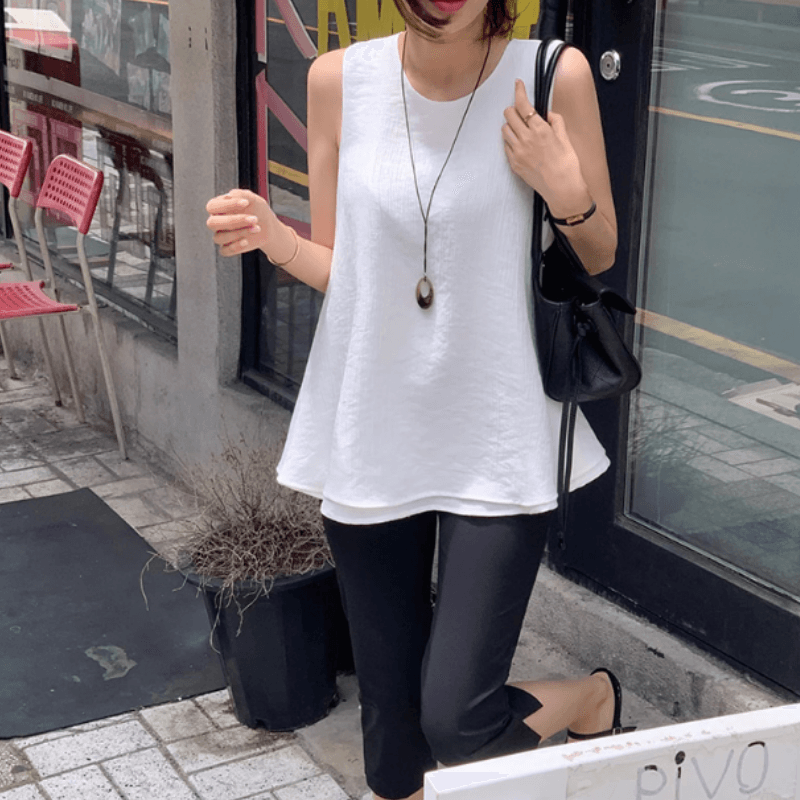 새로운 라운드 넥 민소매 루즈핏 다용도 맨위 이미지 3