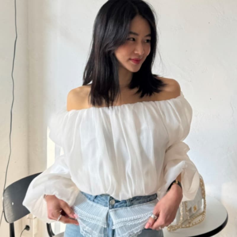 있음 선적 새로운 단색 달콤함 오프숄더 보트넥 벌룬 소매 긴팔 맨위 이미지 3