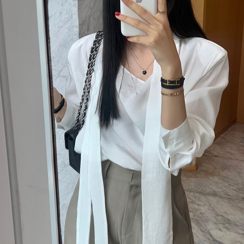 있음 선적 미니멀리즘 품격 숙녀 풀오버 루즈핏 긴팔 리본 셔츠