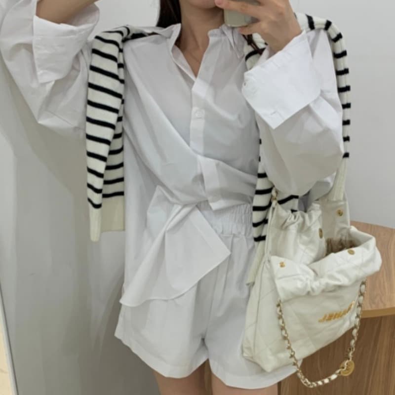 있음 선적 루즈핏 디자인 이후 홀로우 아웃 끈 긴팔 셔츠 넓은 다리가 짧다. 바지 세트