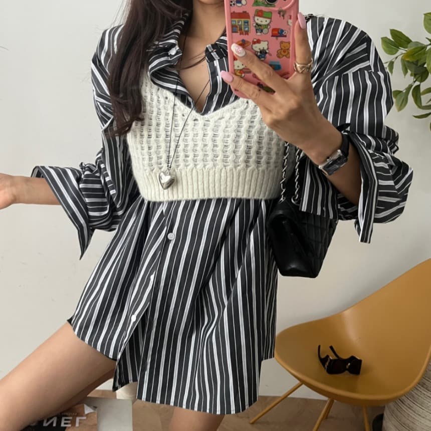 있음 선적 미니멀리즘 스트라이프 셔츠