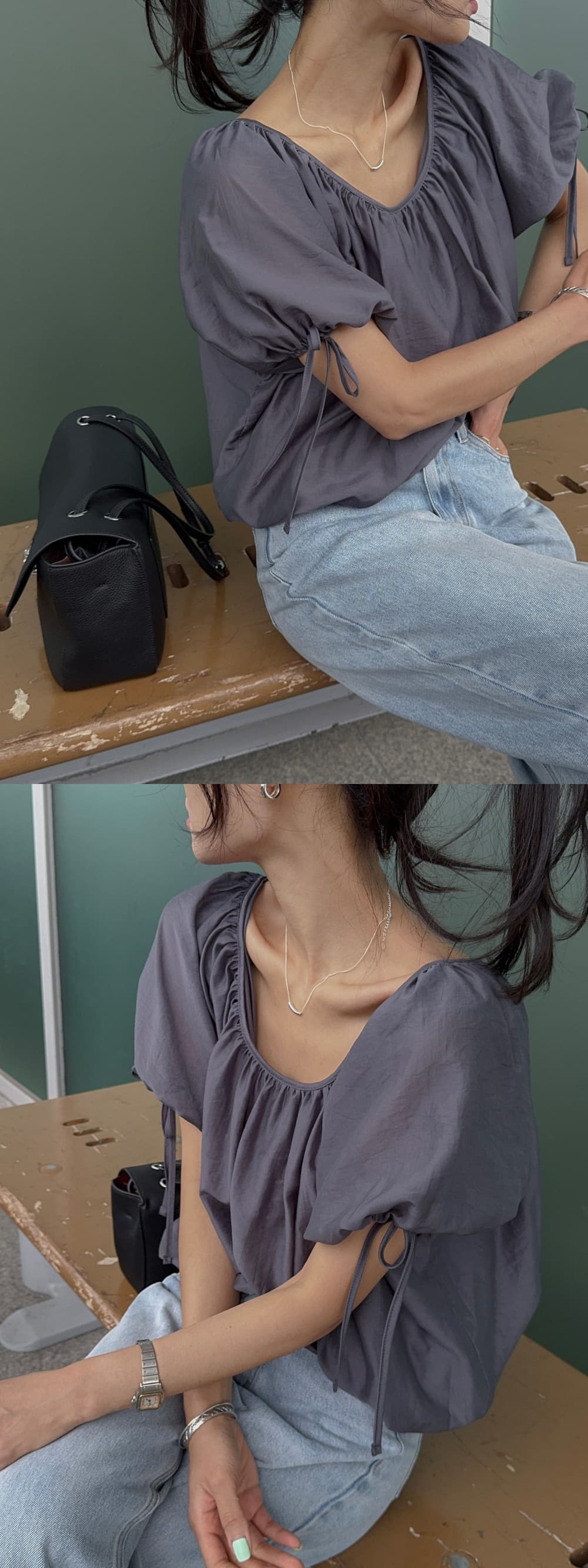 새로운 품격 라운드 넥 이슬 쇄골 반팔 셔츠 상세 이미지 4