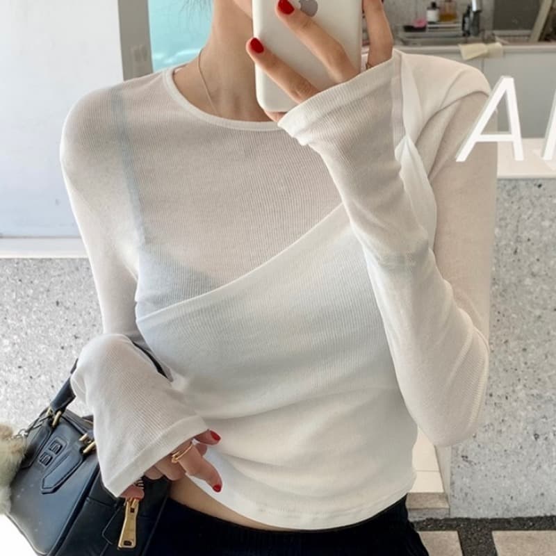 있음 선적 비틀림 페이크 레이어드 리브 몸매 가꾸기 긴팔 기본 셔츠 맨위