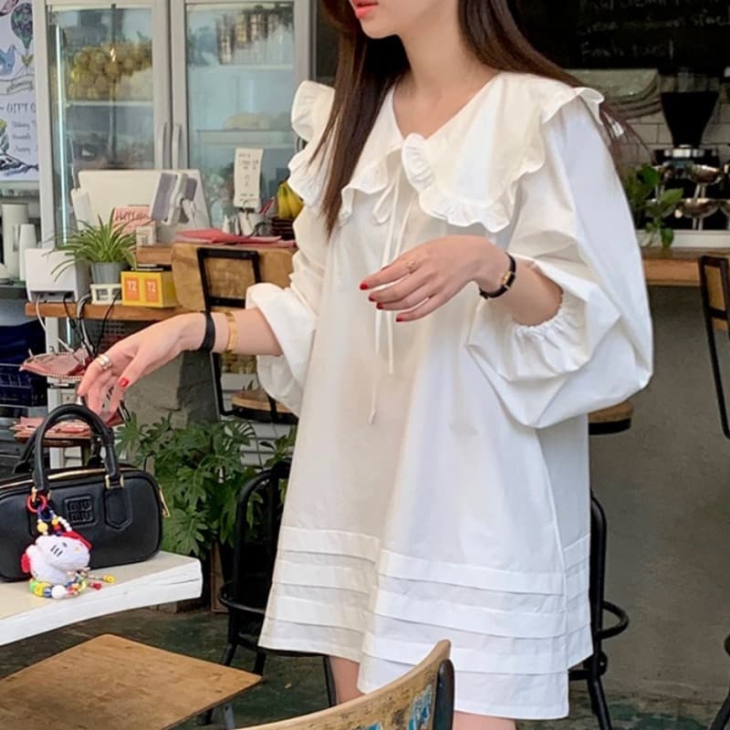 있음 선적 달콤함 풀오버 프릴 칼라 레이스업 루즈핏 드레스