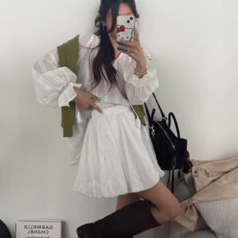 있음 선적 패션 긴팔 자수 자카드 셔츠 반신 치마 세트 여성 이미지 2