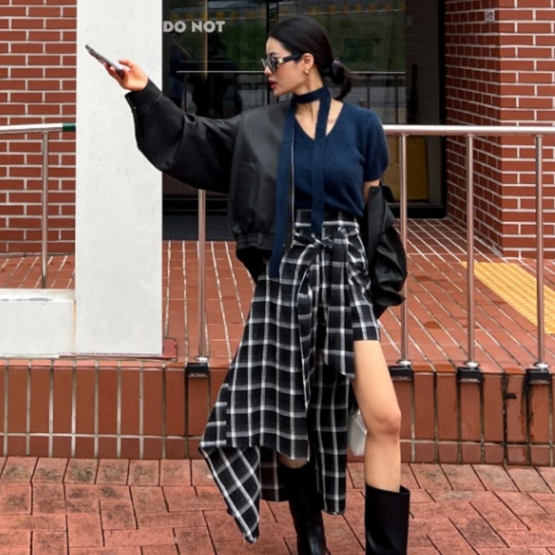 있음 선적 패션 현대 섹시함 여자 동적 체크무늬 불규칙 반신 스커트 이미지 5