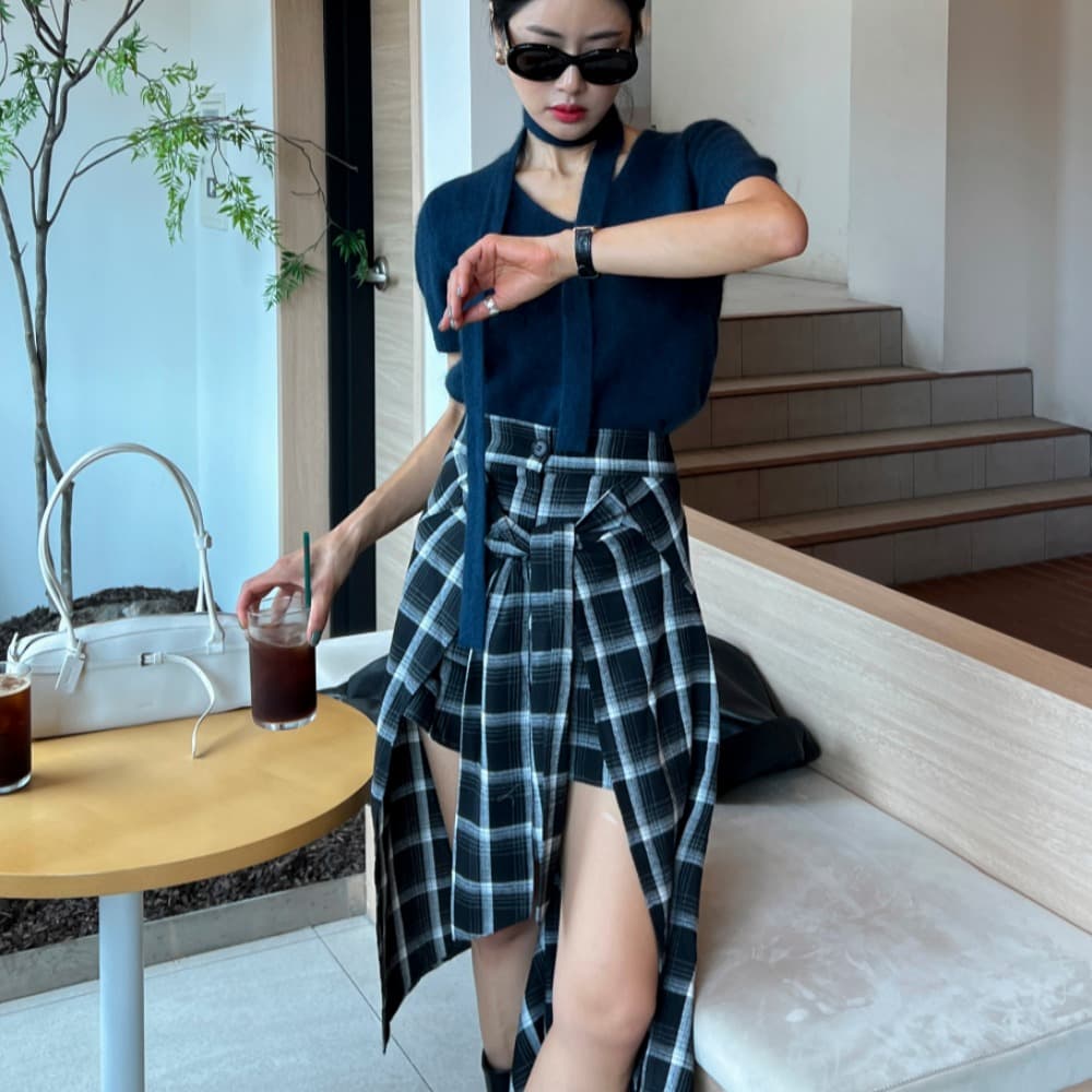 있음 선적 패션 현대 섹시함 여자 동적 체크무늬 불규칙 반신 스커트