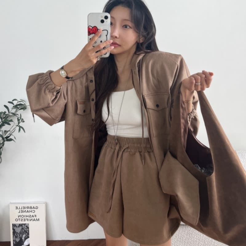 있음 선적 매트 벨벳 수트 루즈핏 후드 맨위 재킷 허리밴드 반바지 투피스 세트 이미지 2