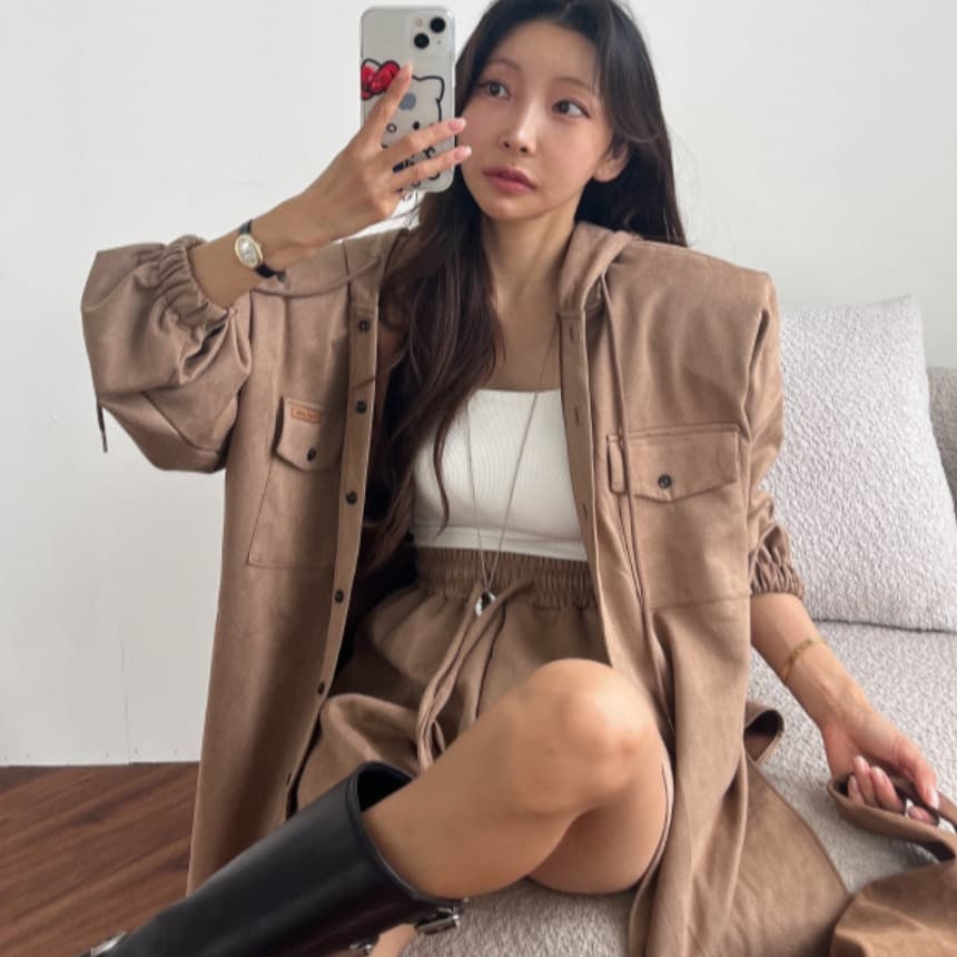 있음 선적 매트 벨벳 수트 루즈핏 후드 맨위 재킷 허리밴드 반바지 투피스 세트