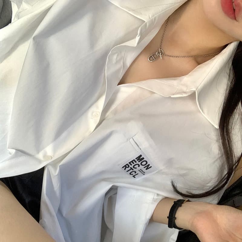있음 선적 단색 품격 숙녀 가슴 작은 표준 루즈핏 긴팔 셔츠 이미지 2