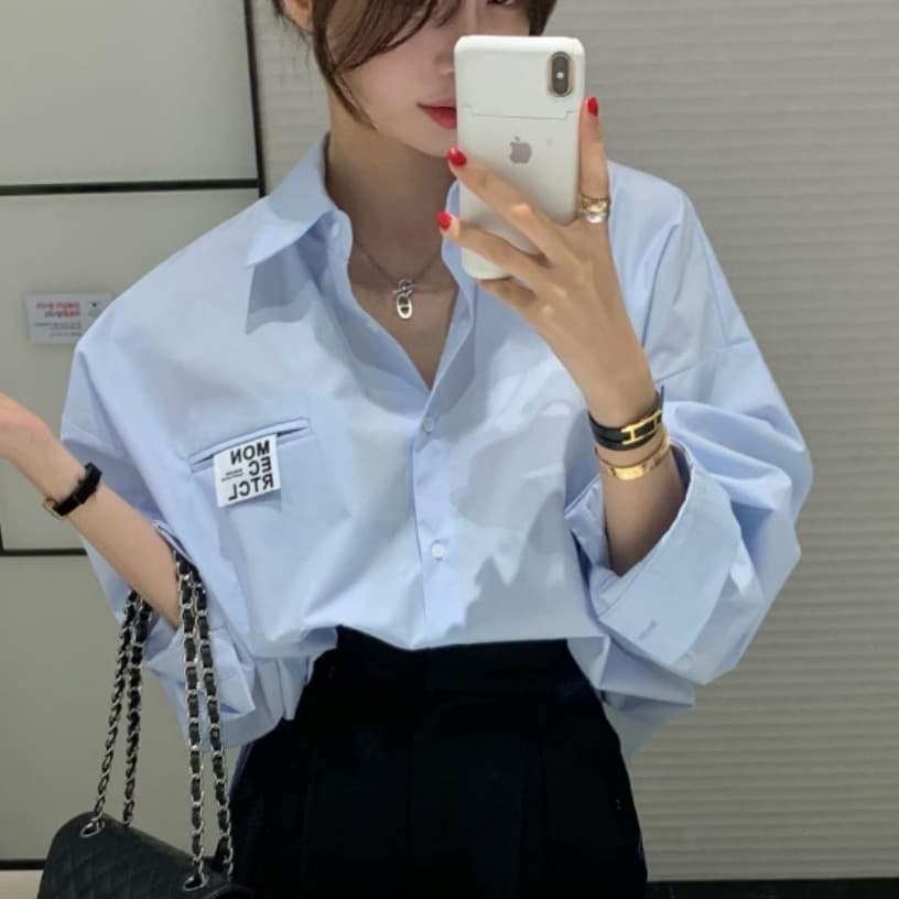 있음 선적 단색 품격 숙녀 가슴 작은 표준 루즈핏 긴팔 셔츠 이미지 5