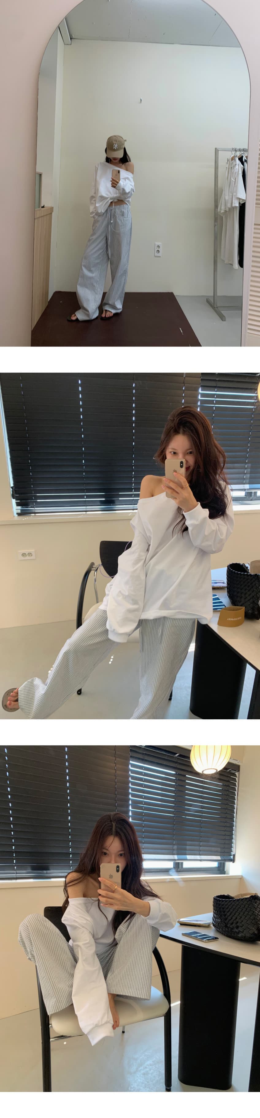 새로운 한 부서 미니멀리즘 비스듬한 어깨 단색 루즈핏 긴팔 티셔츠 상세 이미지 4