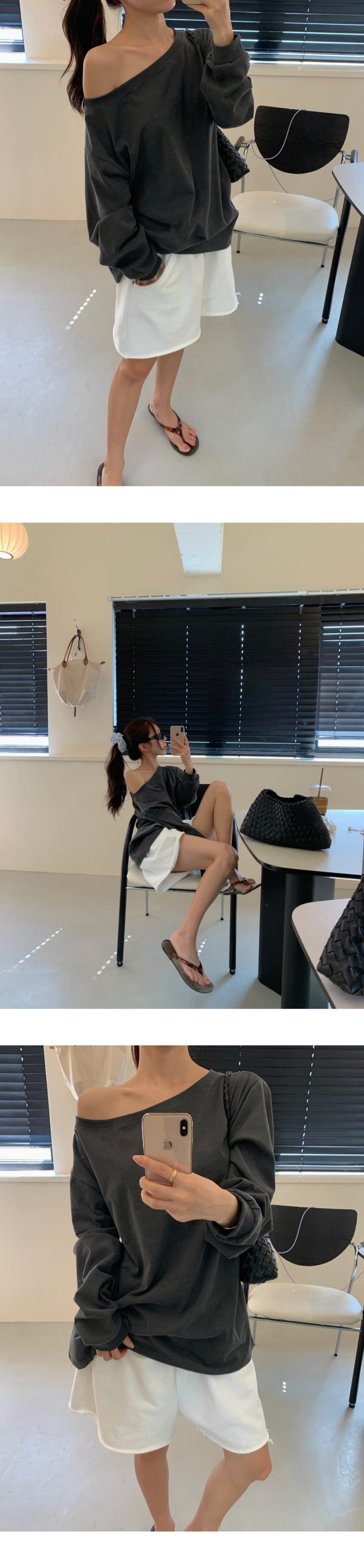 새로운 한 부서 미니멀리즘 비스듬한 어깨 단색 루즈핏 긴팔 티셔츠 상세 이미지 6