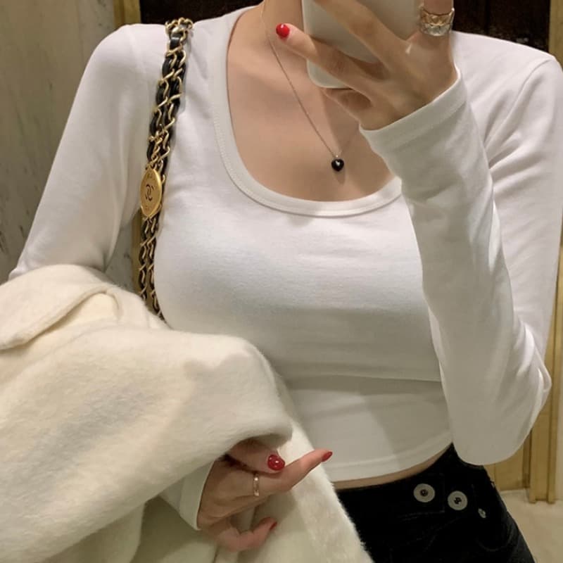 있음 선적 u 칼라 연삭 털 보온 긴팔 티셔츠 기본 셔츠