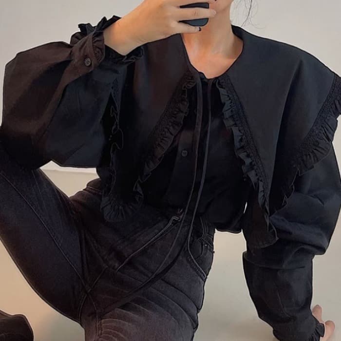 있음 선적 달콤함 개성 레이스업 목이버섯 레이스 대 베이비 칼라 셔츠