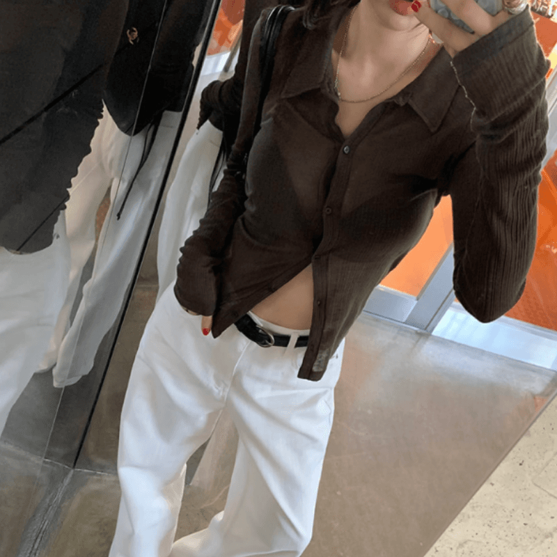 새로운 가을 외국 가스 폴로 칼라 싱글 줄 버튼 타이트 긴팔 맨위 이미지 2