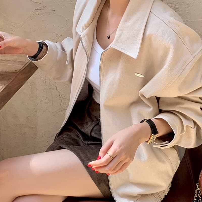있음 선적 캐주얼 루즈핏 지퍼 폴로 칼라 허리 재킷