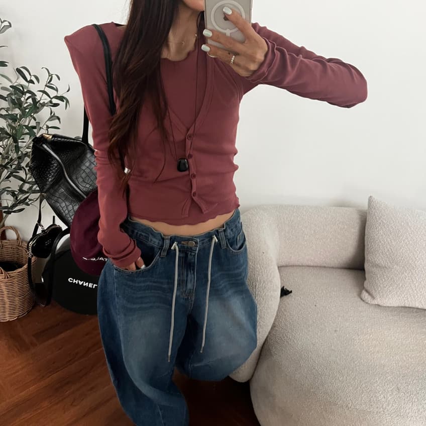 새로운 순수한 욕망 바람 라운드 넥 긴 소매 셔츠 행침 목 오픈 가디건 스택 착용 맨위 투피스 세트 상세 이미지 11