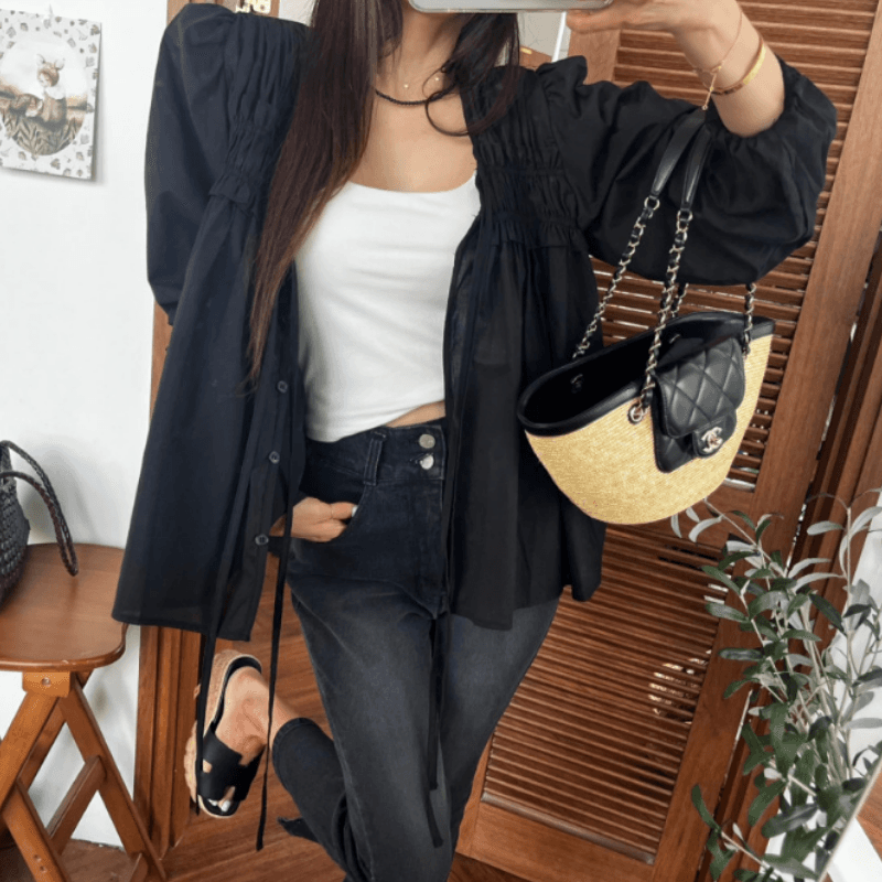 새로운 작은 대중 주름 단추 끈 루즈핏 슬림해 보이는 긴팔 셔츠 여성 이미지 4