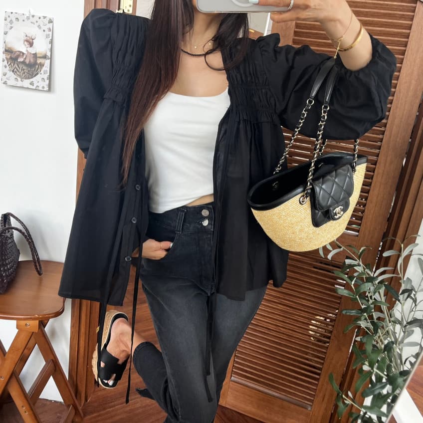 새로운 작은 대중 주름 단추 끈 루즈핏 슬림해 보이는 긴팔 셔츠 여성 상세 이미지 28
