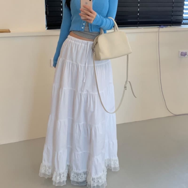 있음 선적 새로운 디자인 센스 레이스 측면 패치워크 고유 한 아름다움 한 마디 큰 진자 롱 스커트 우산 치마