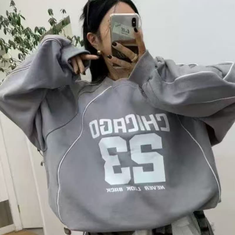 있음 선적 다용도 루즈핏 캐주얼 숫자 프린트 라운드 넥 펌프 로프 슬리브 머리 후드티 이미지 2