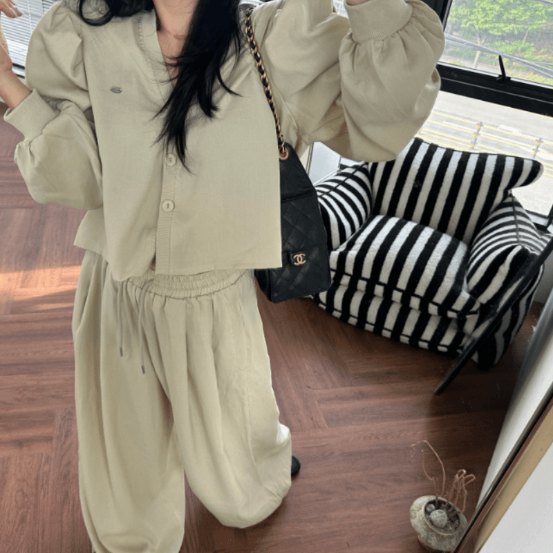 새로운 거품 소매 오픈 가디건 긴팔 재킷 허리밴드 펌프 로프 조거 긴 바지 투피스 세트 이미지 2