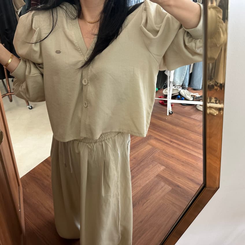 새로운 거품 소매 오픈 가디건 긴팔 재킷 허리밴드 펌프 로프 조거 긴 바지 투피스 세트 상세 이미지 3