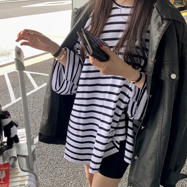 있음 선적 다용도 만나는 스트라이프 티셔츠 이미지 2