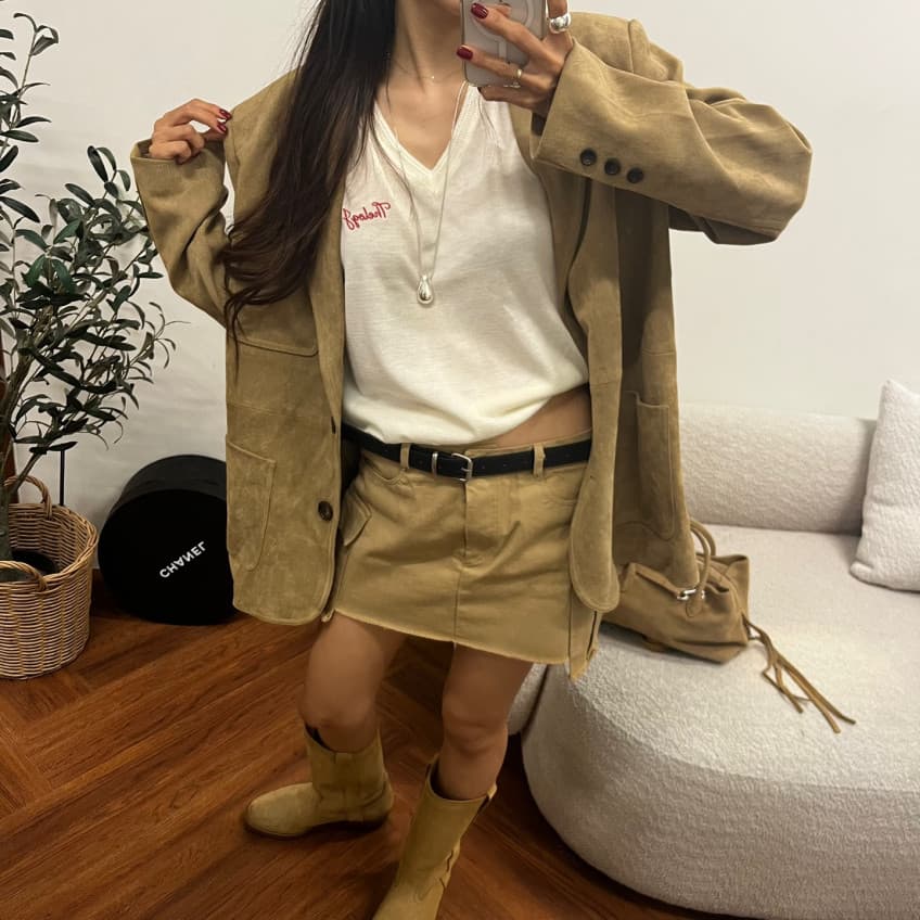 새로운 레트로 고급 센스 스웨이드 원단 캐주얼 긴팔 블레이저 상세 이미지 8
