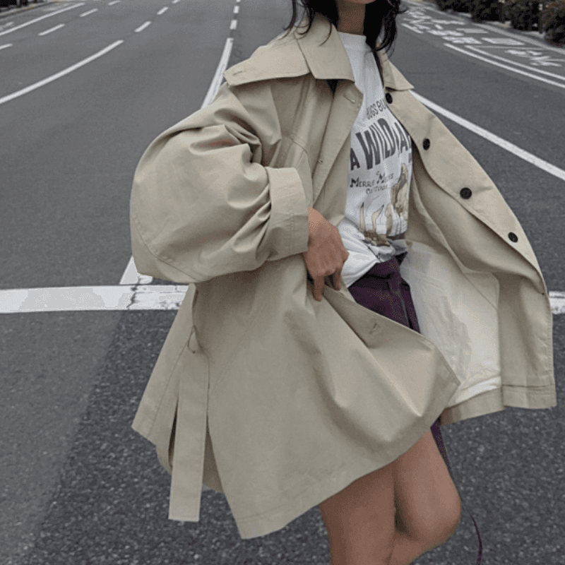 새로운 단색 루즈핏 스탠드 칼라 싱글 줄 버튼 허리 수축 레이스업 중간 길이 재킷 재킷 이미지 4