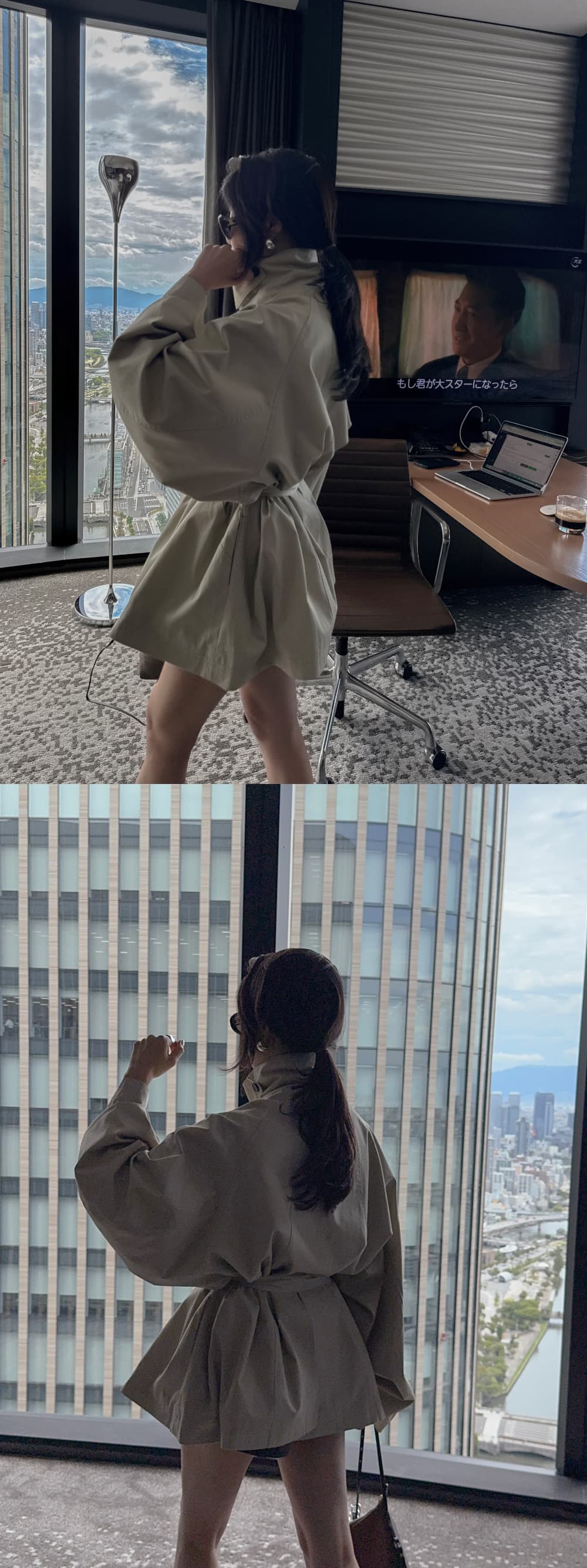 새로운 단색 루즈핏 스탠드 칼라 싱글 줄 버튼 허리 수축 레이스업 중간 길이 재킷 재킷 상세 이미지 3