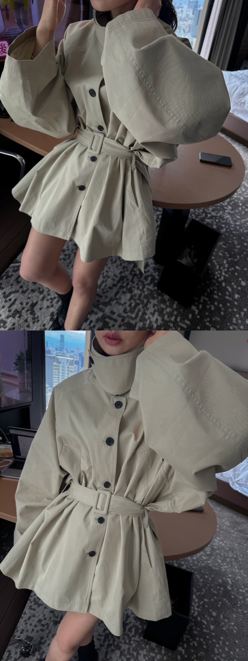 새로운 단색 루즈핏 스탠드 칼라 싱글 줄 버튼 허리 수축 레이스업 중간 길이 재킷 재킷 상세 이미지 4